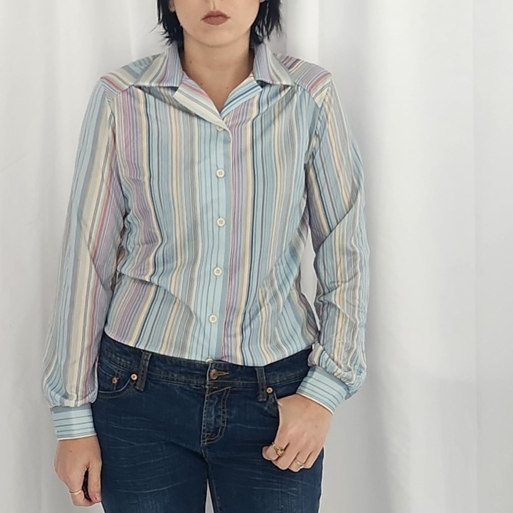 70s Blue,‎ Pink, and Tan Striped Button Down